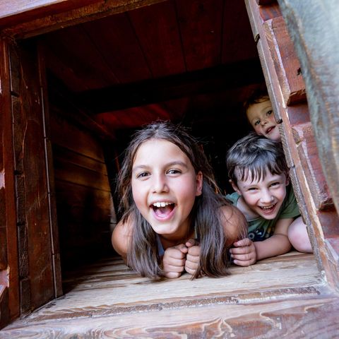 Lachende Kinder schauen aus dem Fenster des KiKA-Baumhauses